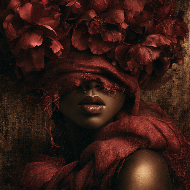 Mysterious Elegance: Portrait of a Black Woman with Red Flowers