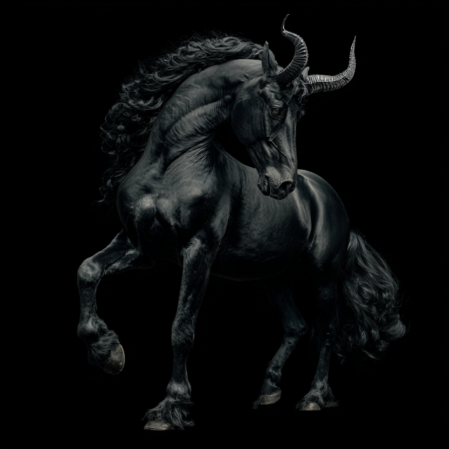 Mystical Black Horse with Devil Horns