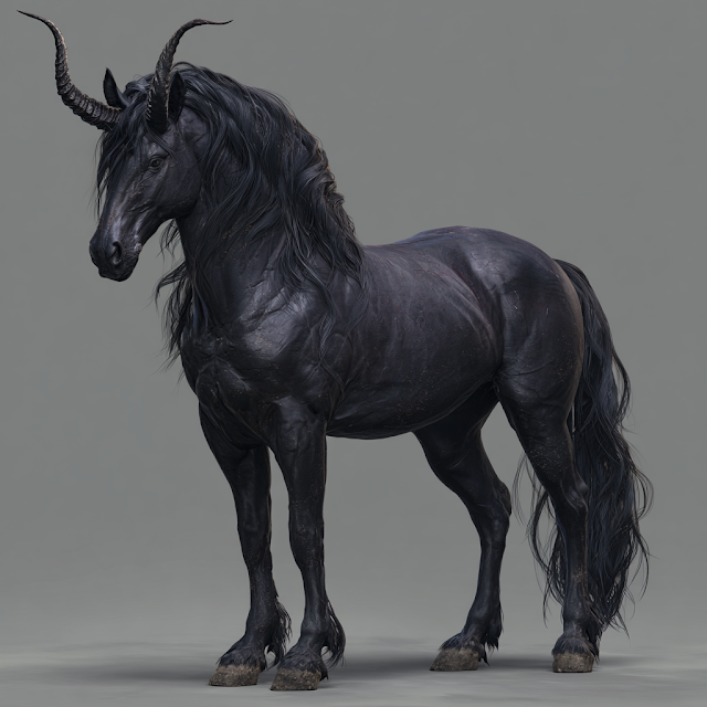 Mythical Black Horse with Devil Horns