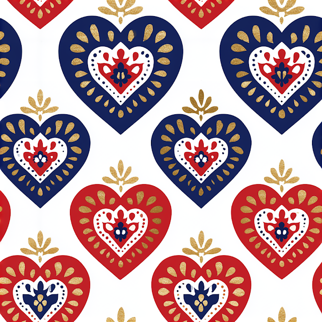 Navy Red and Gold Folk Art Hearts Pattern
