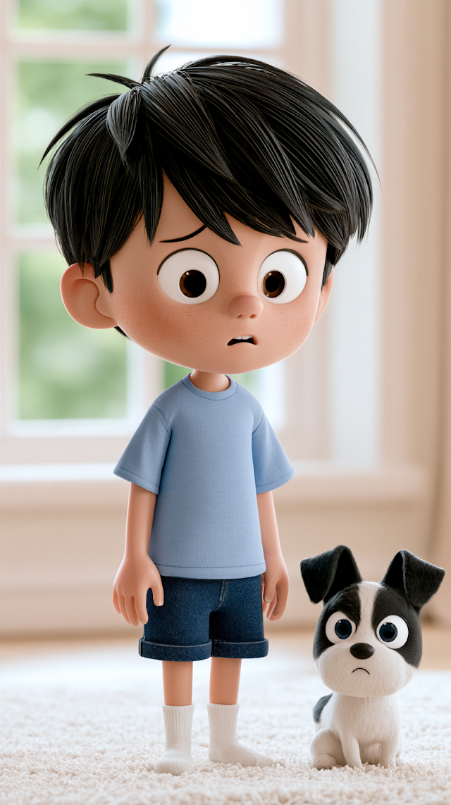 Nervous Little Boy with Dog in Living Room