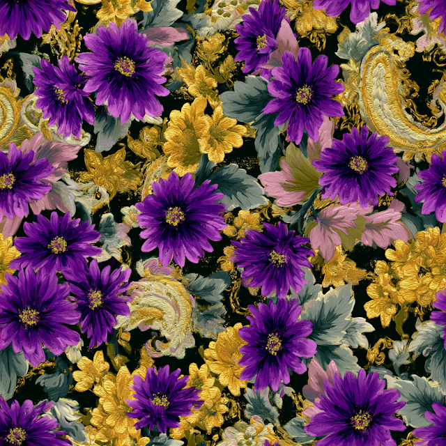 Ornate Floral Textile Pattern with Purple and Gold Accents