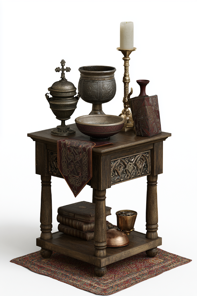 Ornate Medieval Side Table with Decorative Objects
