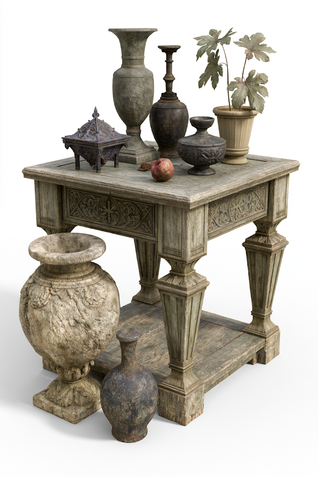 Ornate Medieval Side Table with Decorative Objects