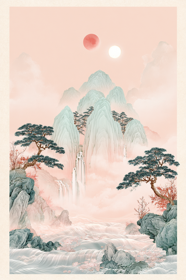 Pale Pink Korean Landscape Painting