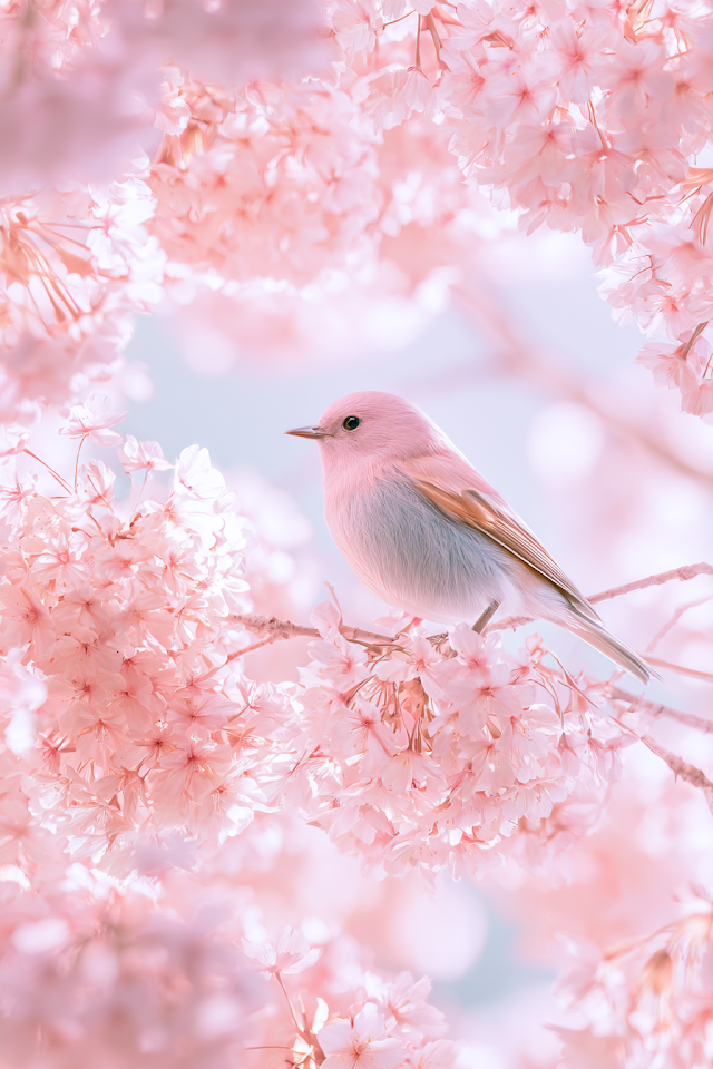 Pastel Pink Songbird Among Blooming Cherry Blossoms