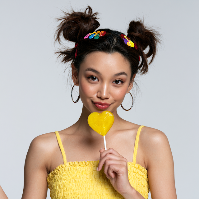 Playful Asian Woman with Heart-Shaped Lollipop