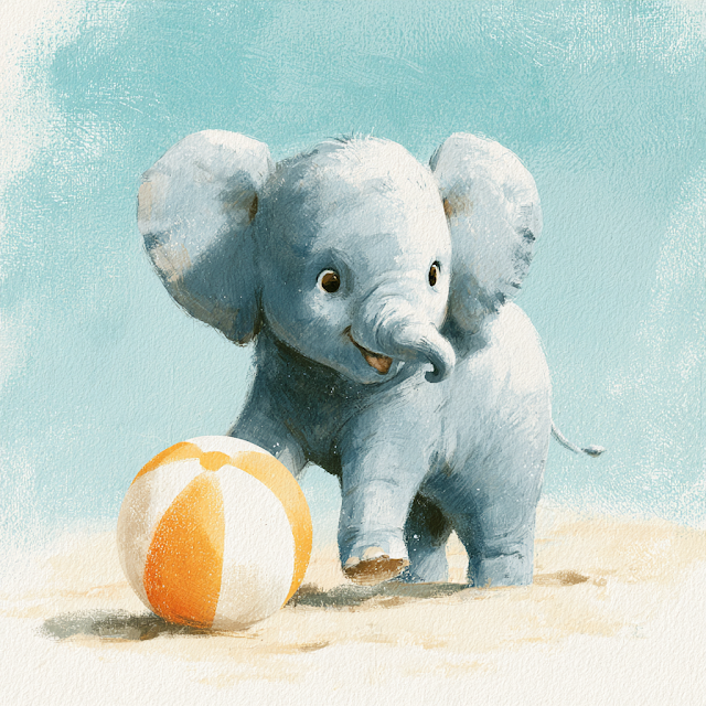 Playful Baby Elephant with Beach Ball