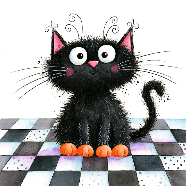 Playful Black Cat on Checkerboard