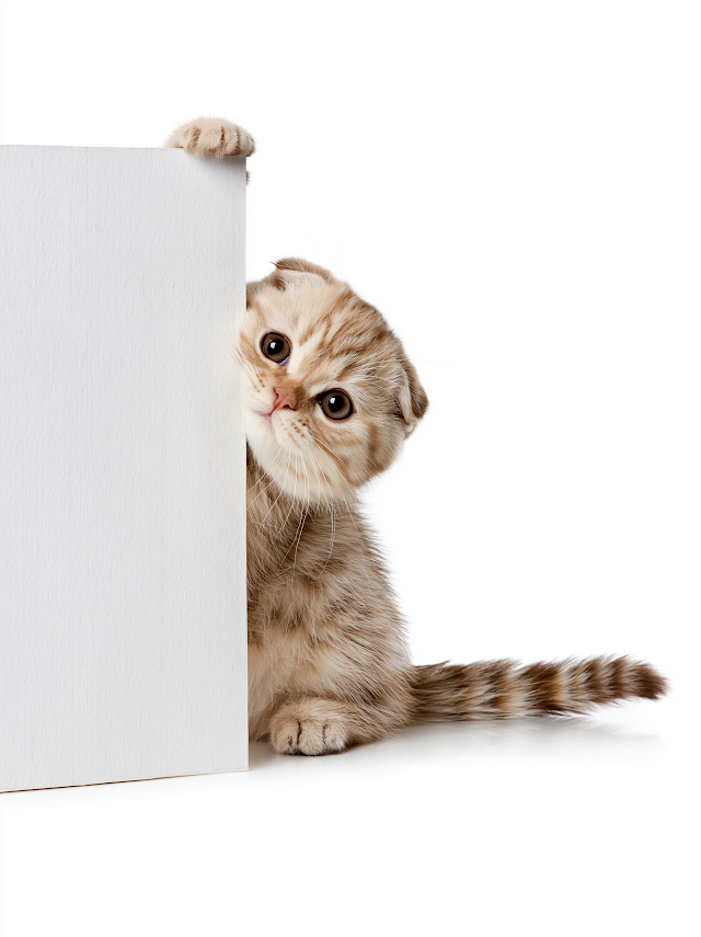 Playful Cream Tabby Kitten Peeking from Behind White Sign