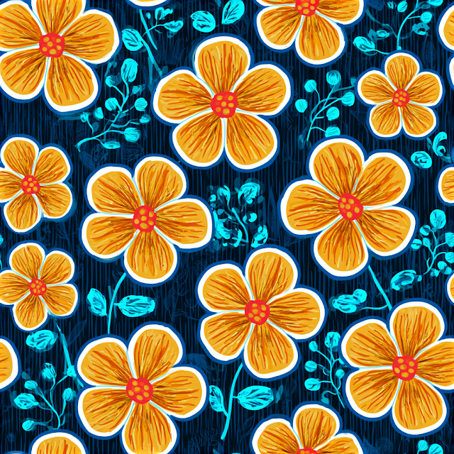 Playful Tropical Floral Pattern on Navy Background