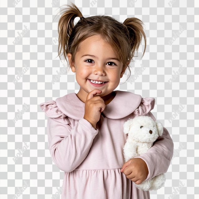 PNG Cheerful Young Girl in Pastel Dress with Teddy Bear