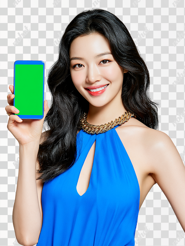 PNG Cheerful Young Korean Woman with Smartphone