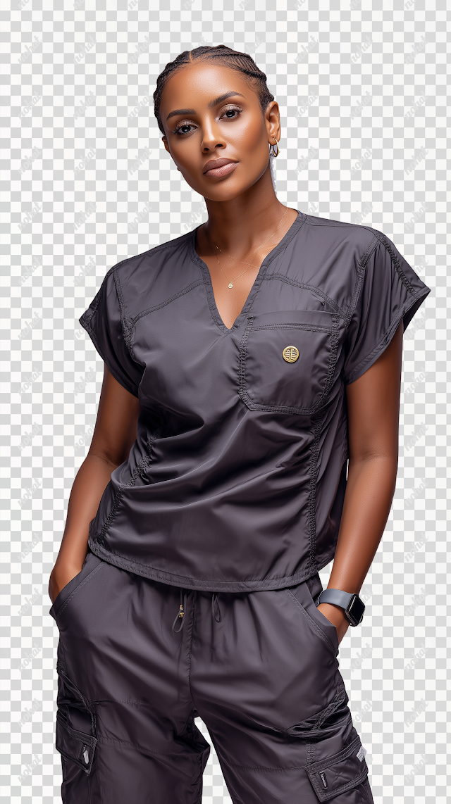 PNG Confident Latina Woman in Charcoal Gray Medical Scrubs