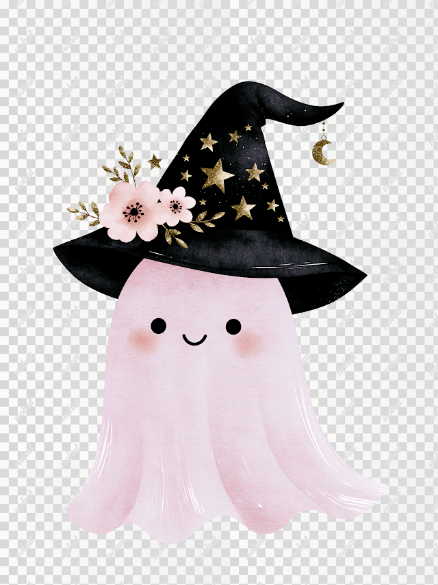PNG Cute Pastel Pink Ghost with Witch Hat