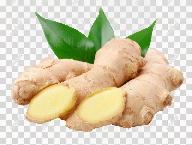 PNG Fresh Ginger Root with Slices and Green Leaves