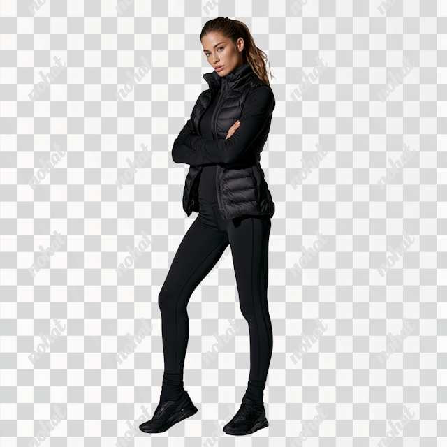 PNG Glamorous Young Female US Exec in Black Winter Running Gear