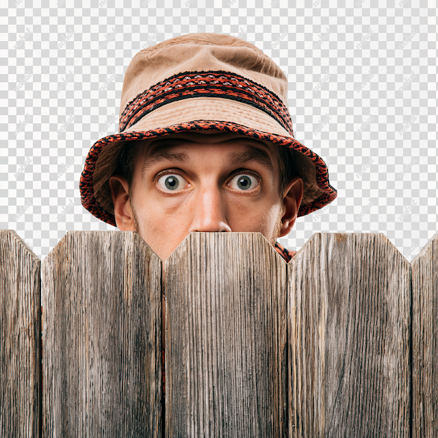 PNG Man Peeking Over Weathered Wooden Fence