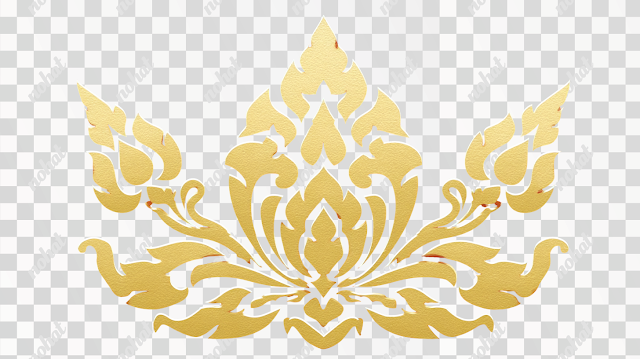PNG Ornate Gold Lotus Floral Emblem on Crimson Background