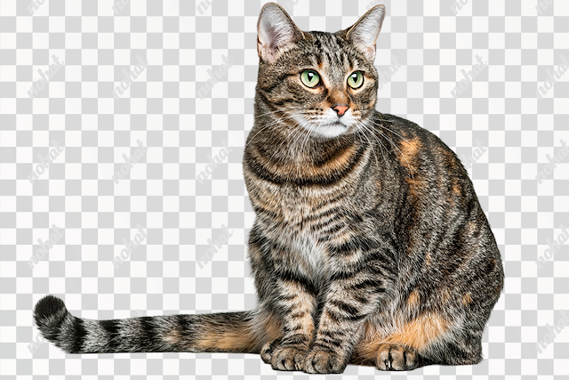 PNG Realistic Seated Brown Mackerel Tabby Cat on White Background