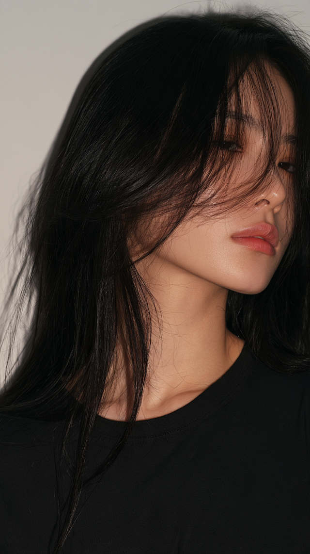 Portrait of a Young Korean Woman with Long Black Hair