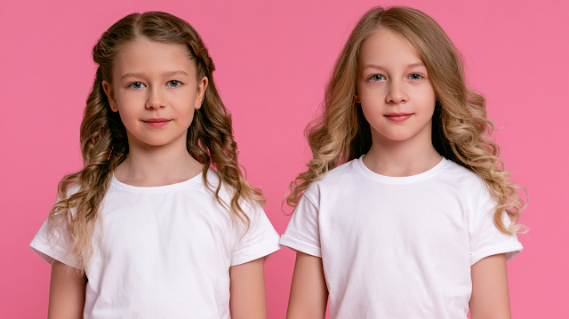 Portrait of Two Sisters on a Pink Background