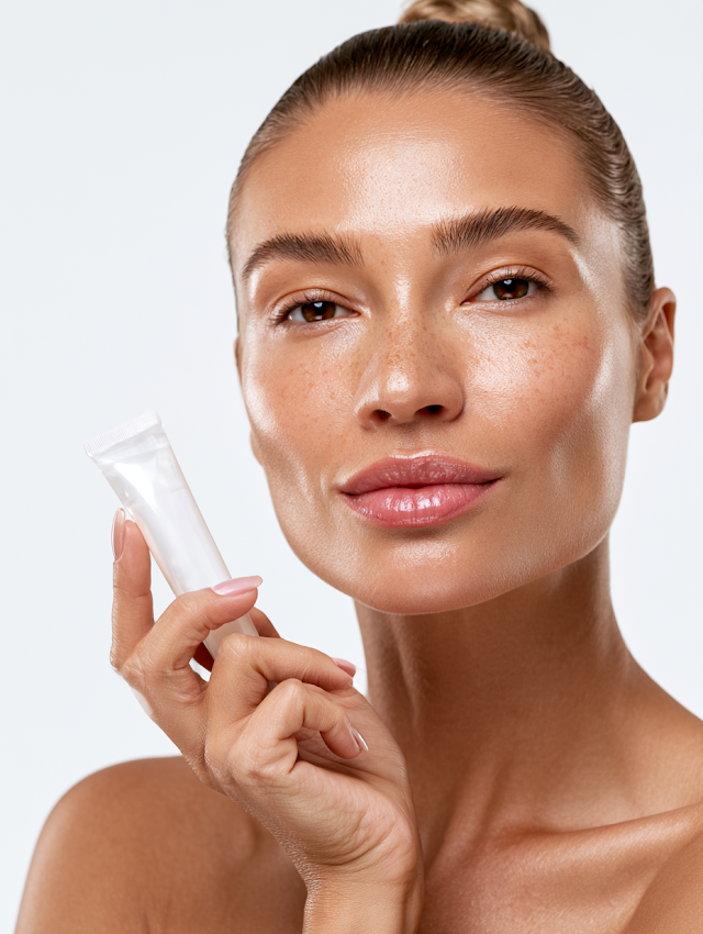 Radiant Beauty Portrait with Skincare Tube