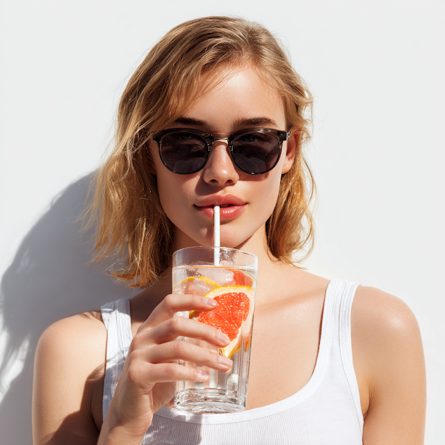 Refreshing Summer Drink with Young Woman in Sunglasses