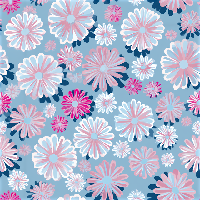 Retro Daisy Floral Pattern on Dusty Blue Background