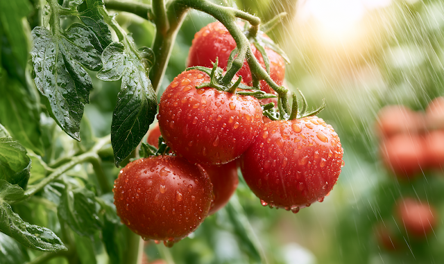 Ripe Red Tomatoes on the Vine in Summer Rain