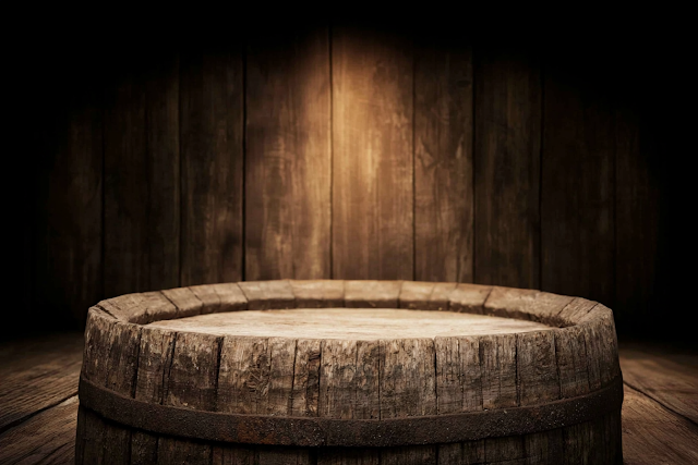 Rustic Wooden Barrel in Atmospheric Cellar