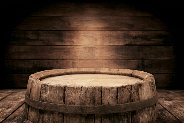 Rustic Wooden Barrel in Dimly Lit Cellar