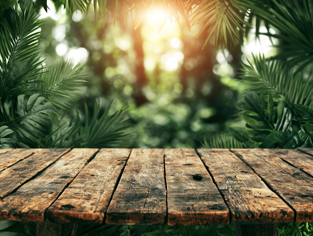 Rustic Wooden Tabletop in Tropical Rainforest