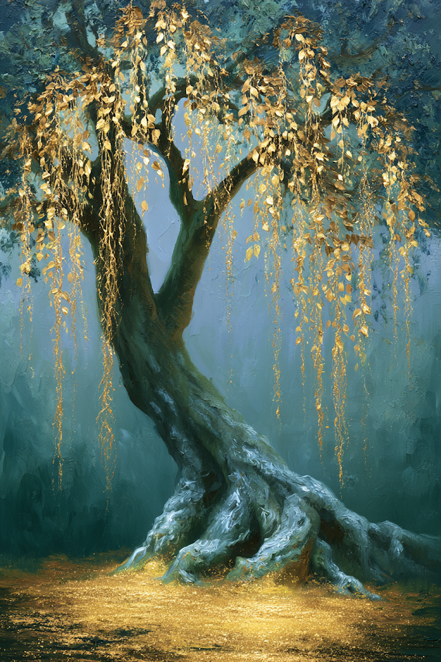 Sacred Tree of Life in Shimmering Gold Rain