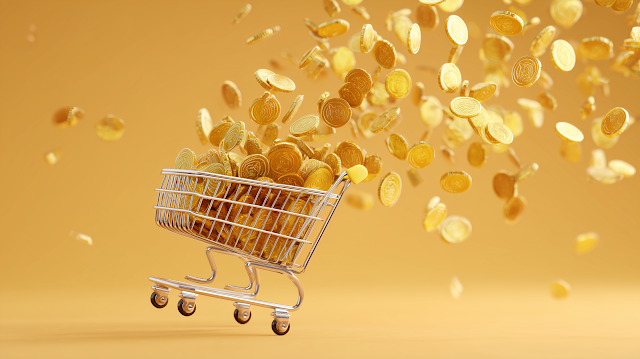 Save Money: Shopping Cart Overflowing with Golden Coins