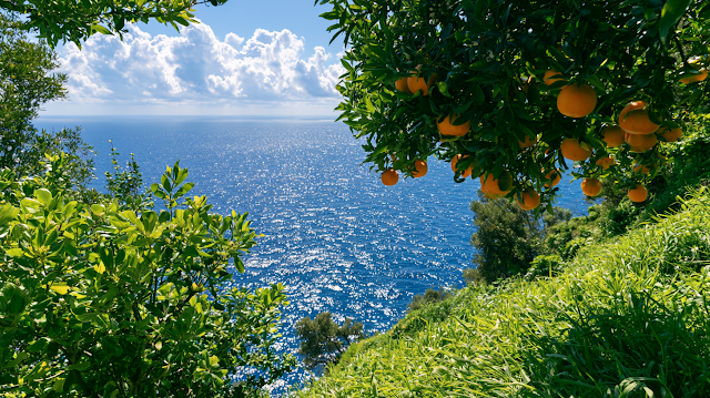 Scenic Coastal Landscape with Orange Tree and Ocean View