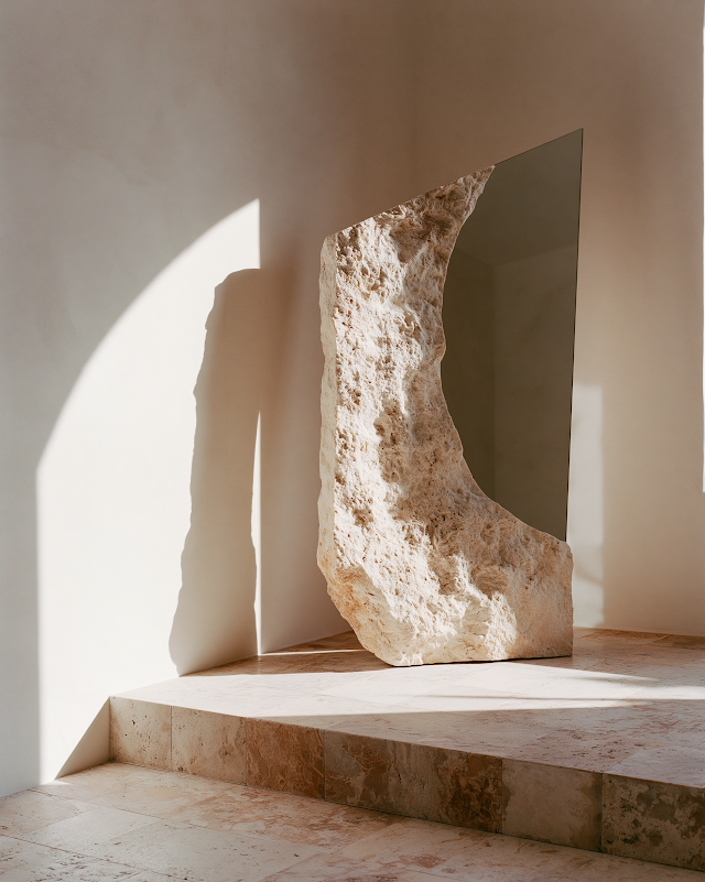 Sculptural Mirror in Minimalist Mediterranean Interior