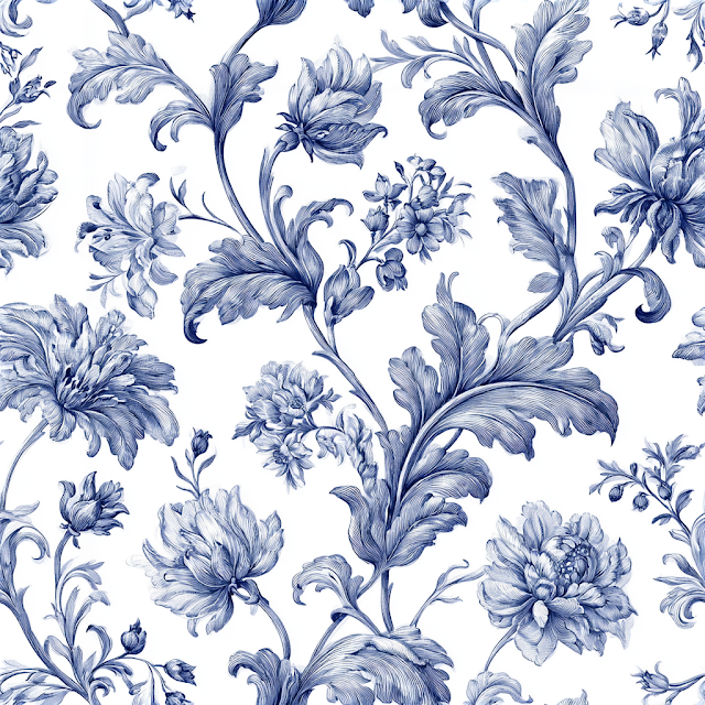 Seamless Blue and White Botanical Toile Pattern