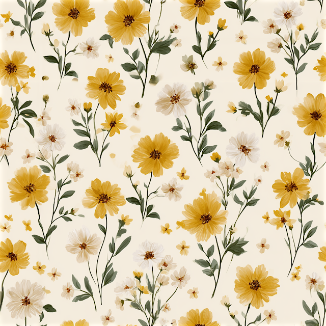 Seamless Ditsy Floral Pattern with Yellow and Ivory Wildflowers