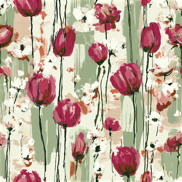 Seamless Floral Textile Pattern with Tulips and Poppies