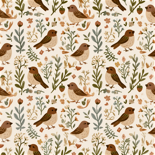 Seamless Folk Art Pattern with Brown Sparrows and Wildflowers