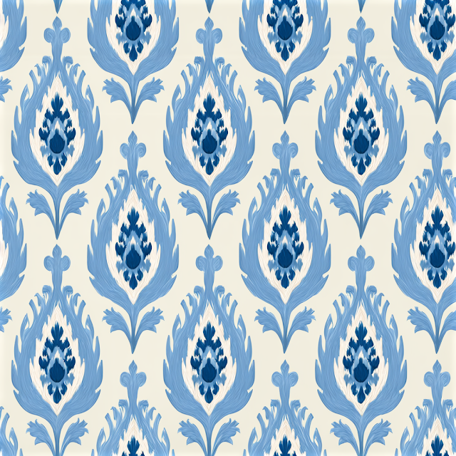 Seamless Ikat Paisley Pattern in Pastel Blue and Ivory