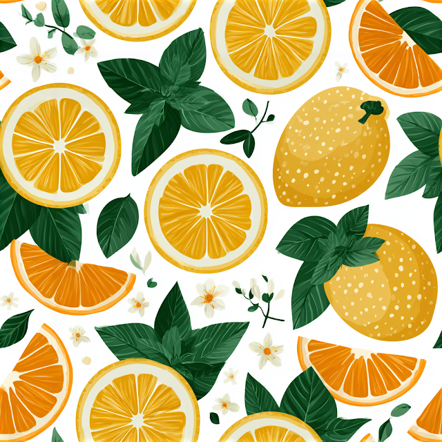 Seamless Pattern of Citrus Fruits and Mint Leaves