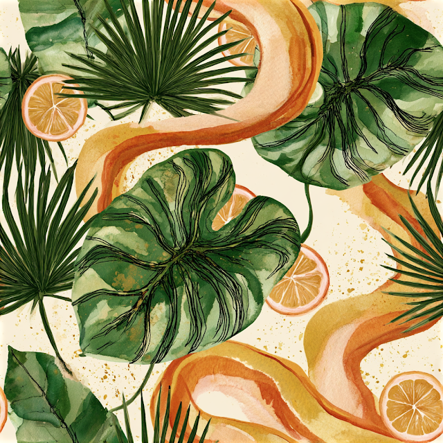 Seamless Tropical Botanical Pattern with Citrus Accents
