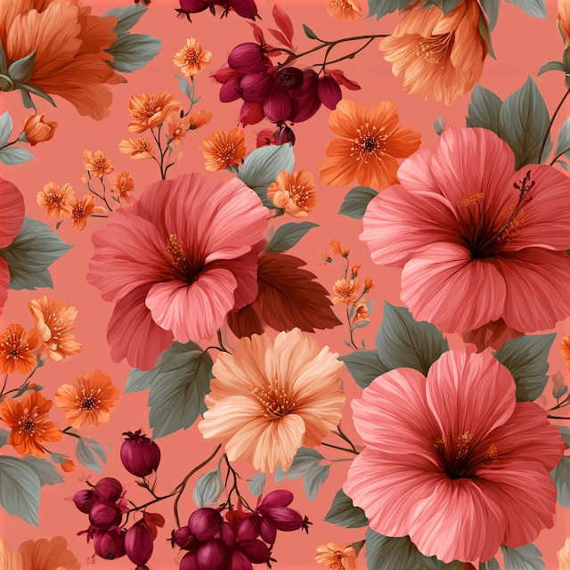 Seamless Tropical Floral Pattern with Hibiscus and Berries