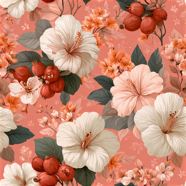 Seamless Tropical Floral Pattern with Hibiscus and Berries
