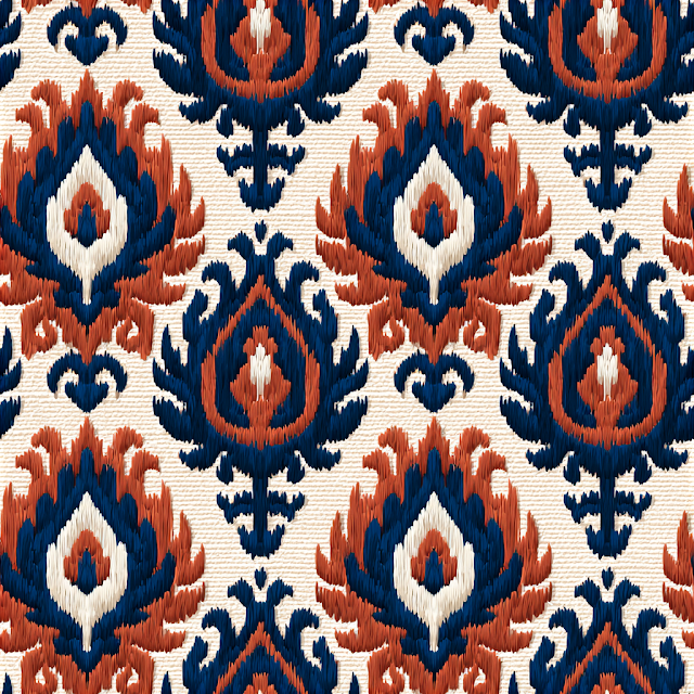 Seamless Uzbek Ikat Pattern with Traditional Paisley Motifs