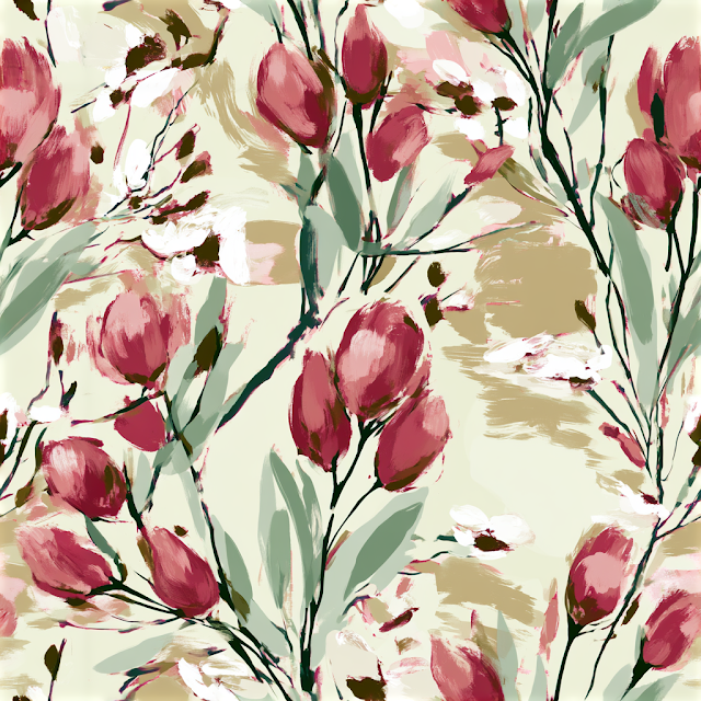 Seamless Watercolor Botanical Pattern with Tulips