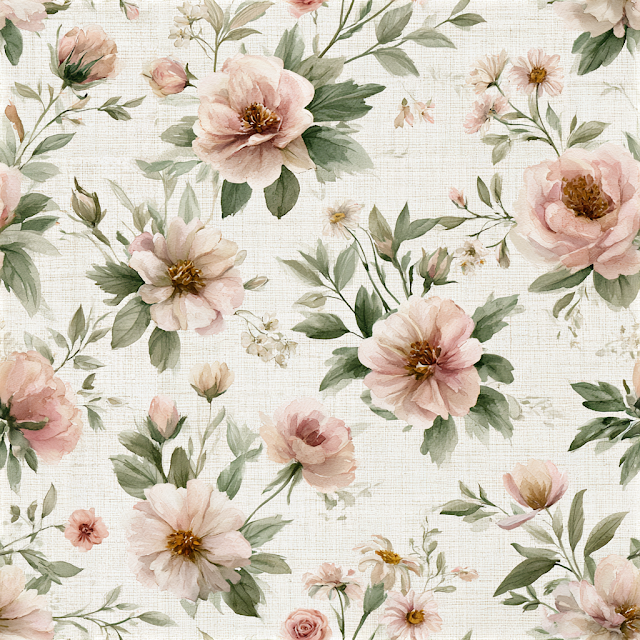 Seamless Watercolor Floral Pattern on Ivory Linen
