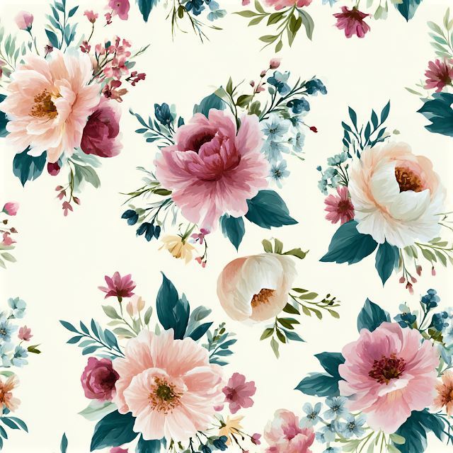 Seamless Watercolor Floral Pattern with Peonies and Wildflowers
